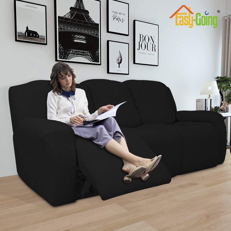 Easy-Going أريكة قابلة للاسترخاء مكونة من 8 قطع، غطاء أريكة قابل للتمدد، واقي أثاث، أريكة ناعمة مع قاعدة مرنة للأطفال، قماش سبانديكس جاكار بنقوش صغيرة باللون الأسود - Image 2